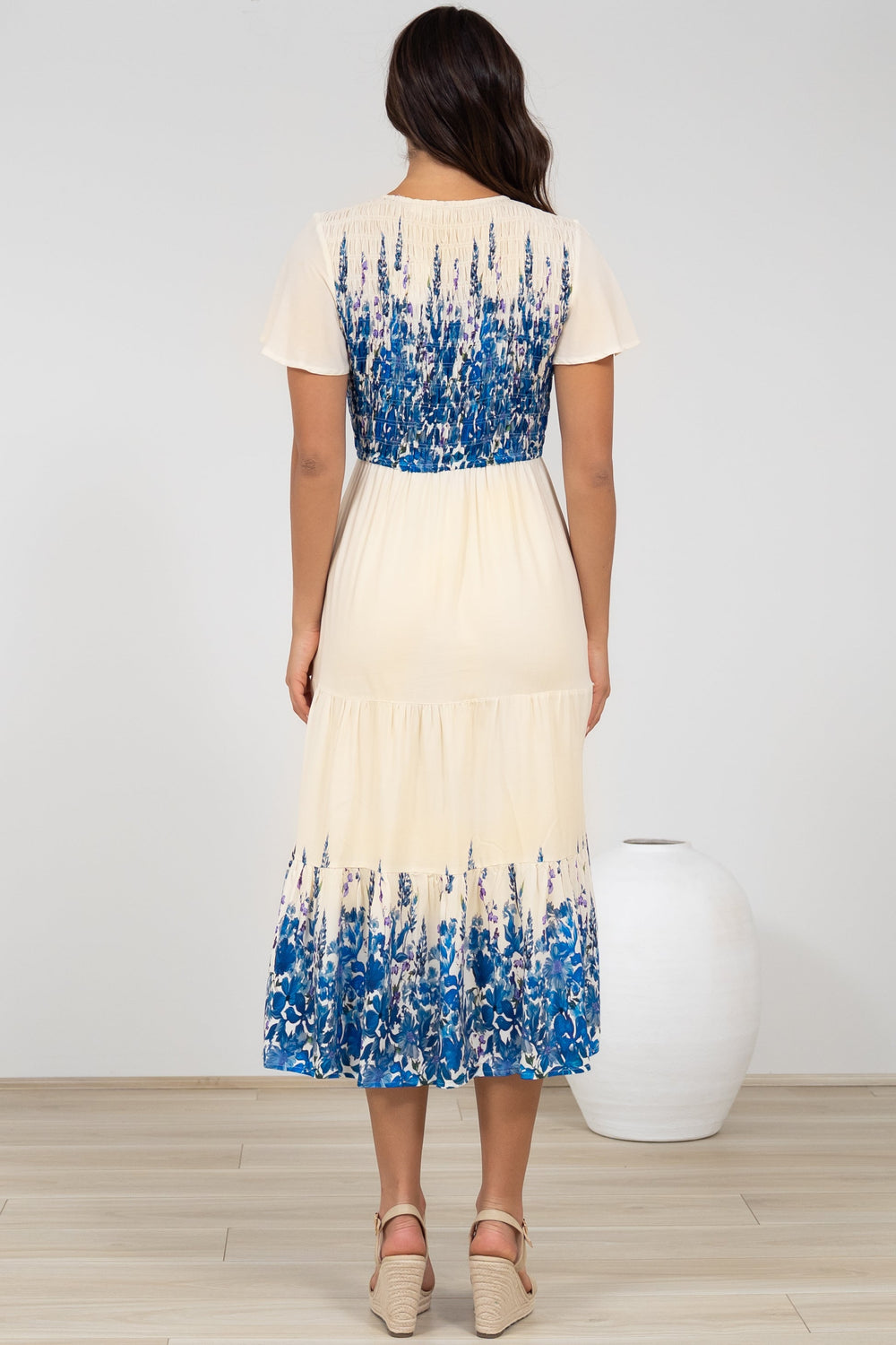 Amaya Midi Dress - Shirred Cap Sleeve A Line Dress in Marella Print Blue