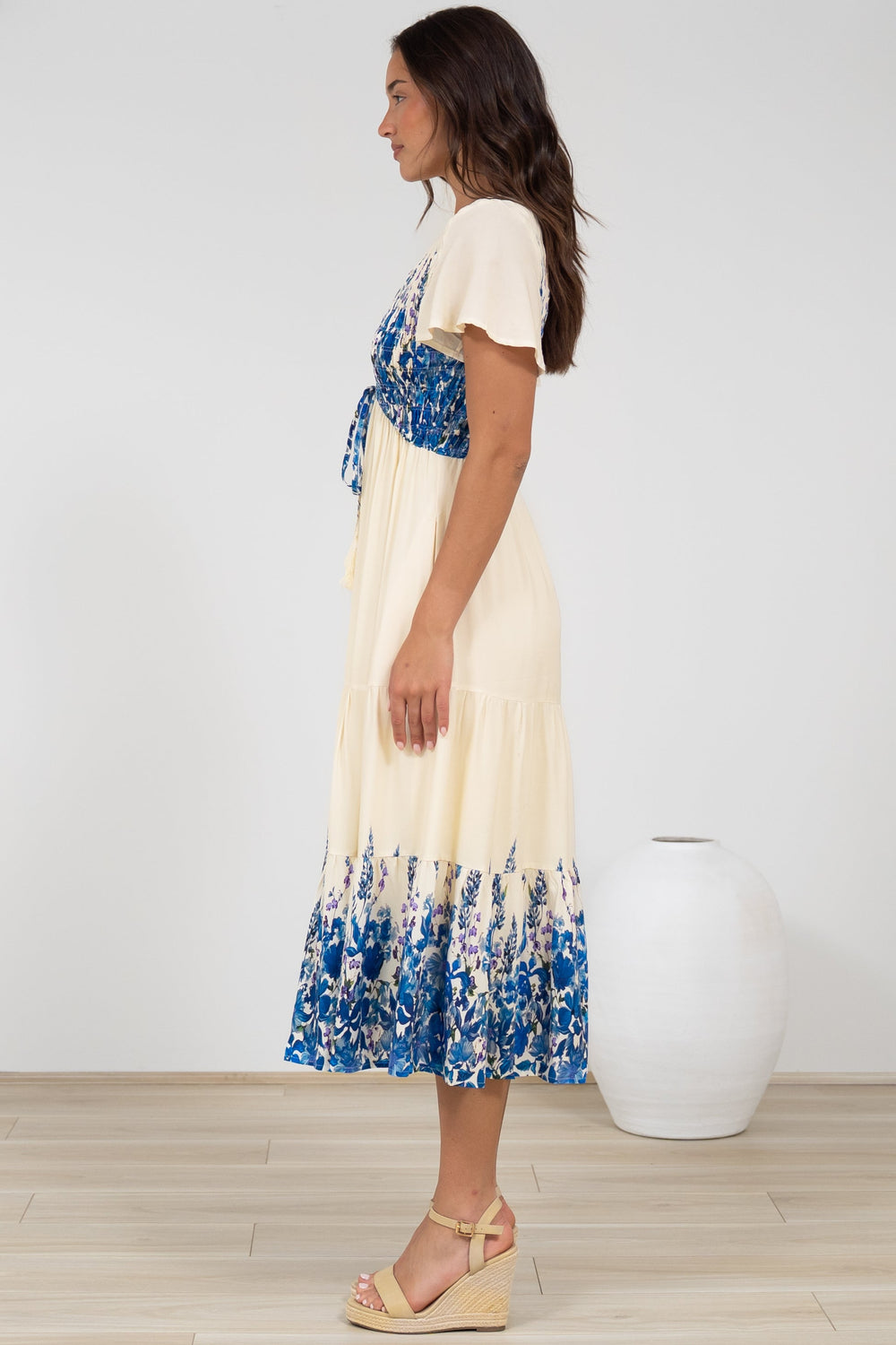 Amaya Midi Dress - Shirred Cap Sleeve A Line Dress in Marella Print Blue