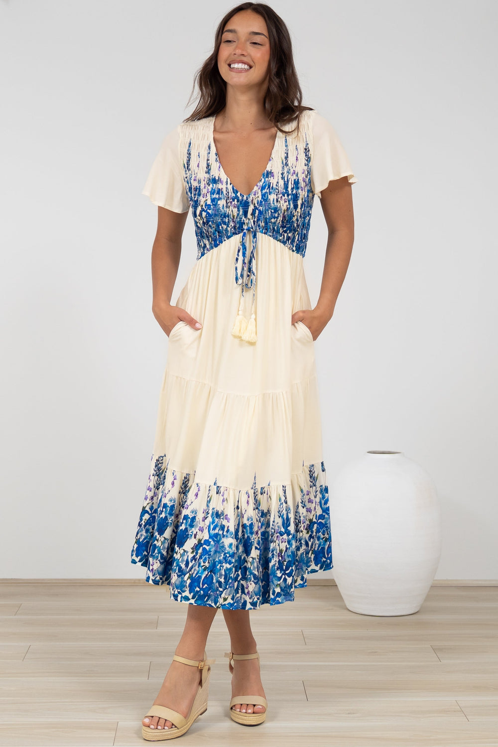 Amaya Midi Dress - Shirred Cap Sleeve A Line Dress in Marella Print Blue