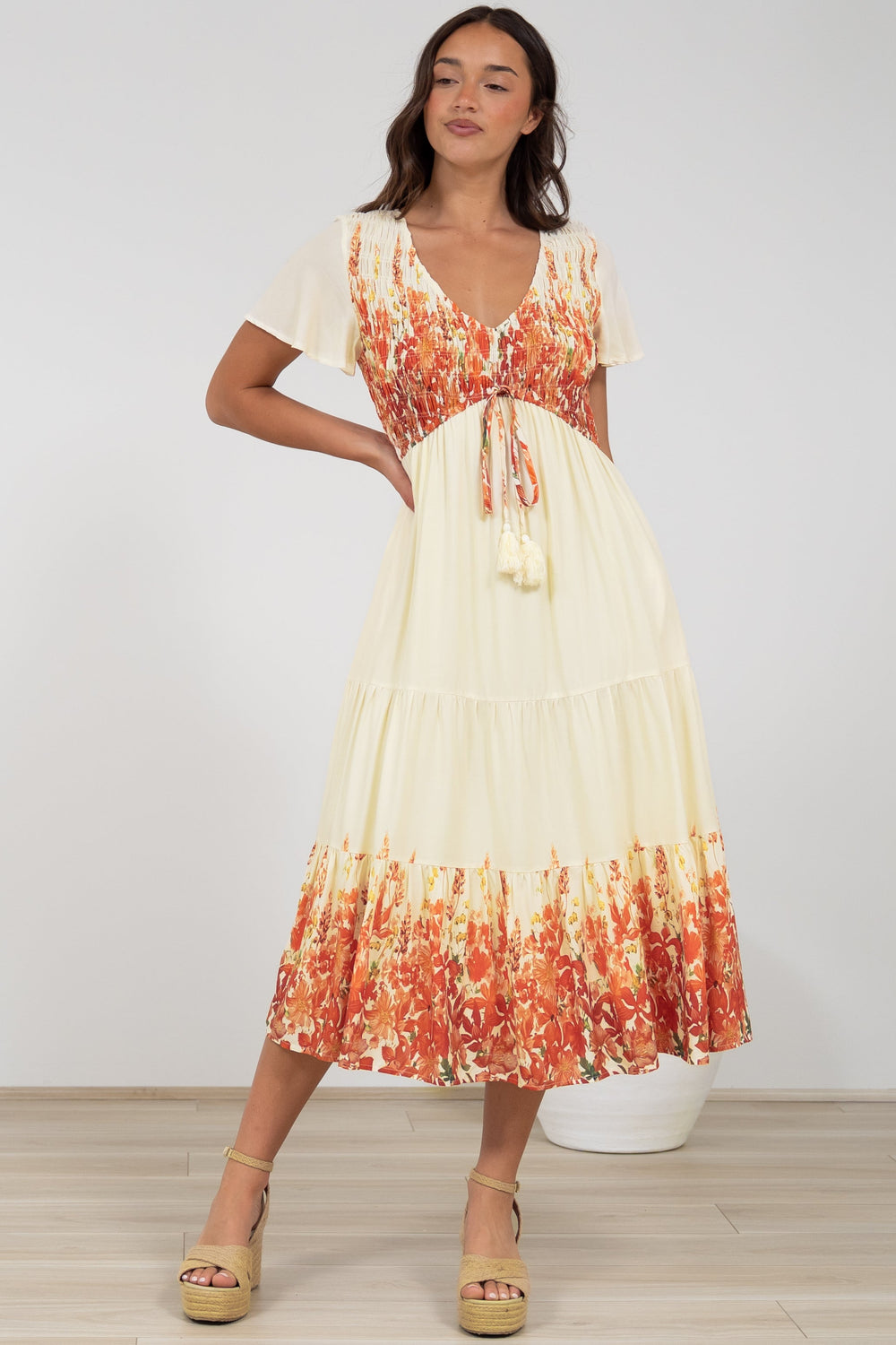 Amaya Midi Dress - Shirred Cap Sleeve A Line Dress in Marella Print Tangerine