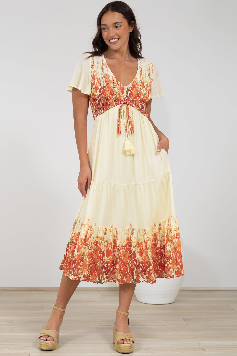 Amaya Midi Dress - Shirred Cap Sleeve A Line Dress in Marella Print Tangerine