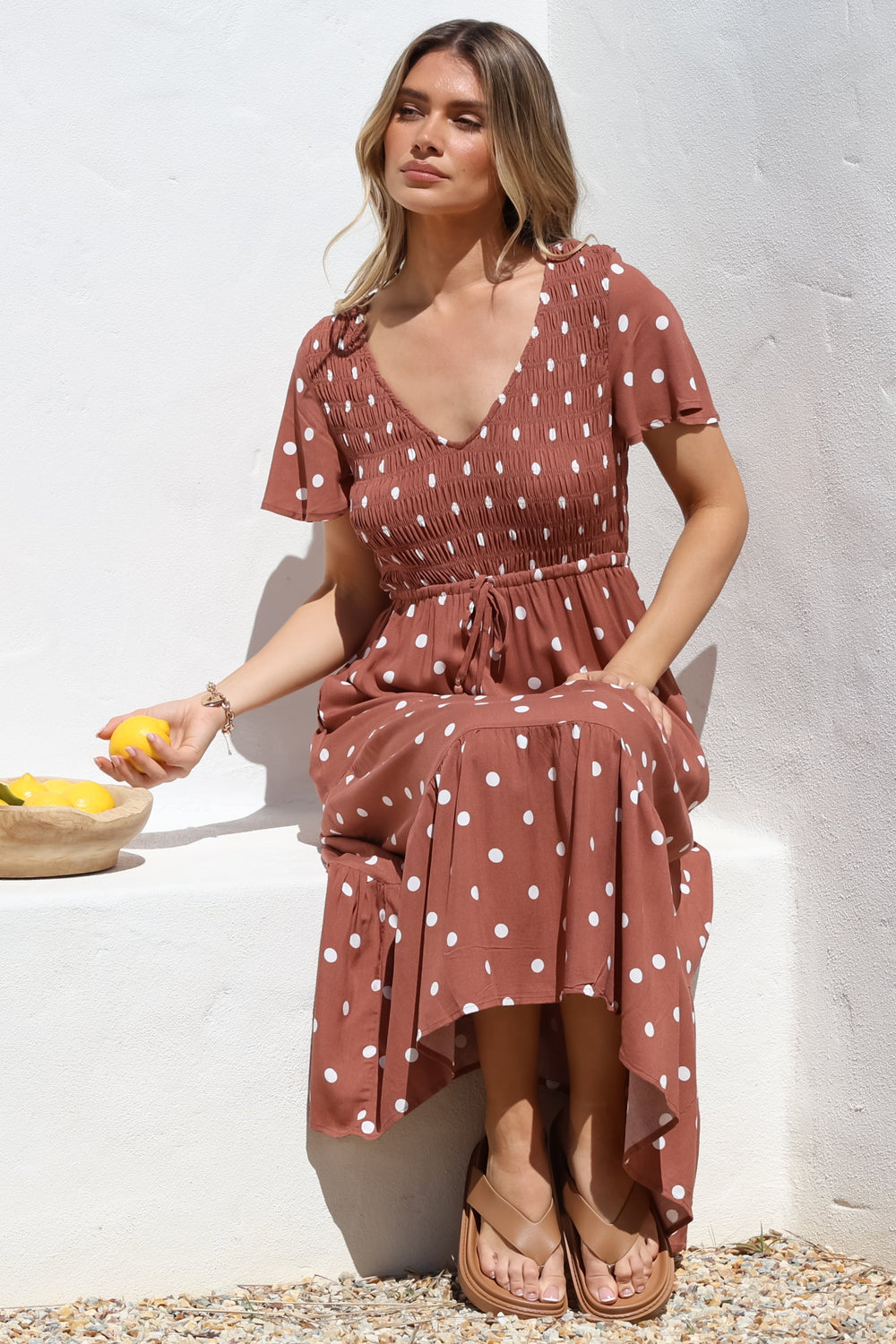 Amaya Midi Dress - Shirred Cap Sleeve A Line Dress in Parisian Polka Rust