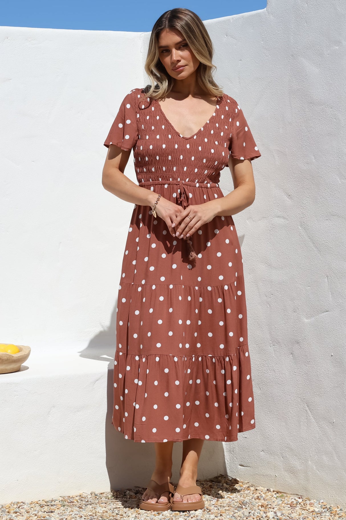 Amaya Midi Dress - Shirred Cap Sleeve A Line Dress in Parisian Polka Rust