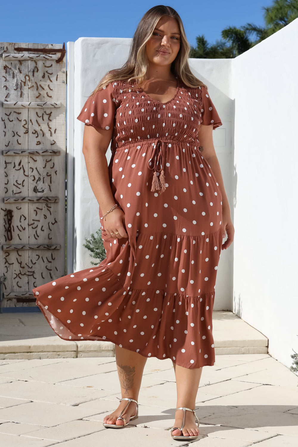Amaya Midi Dress - Shirred Cap Sleeve A Line Dress in Parisian Polka Rust