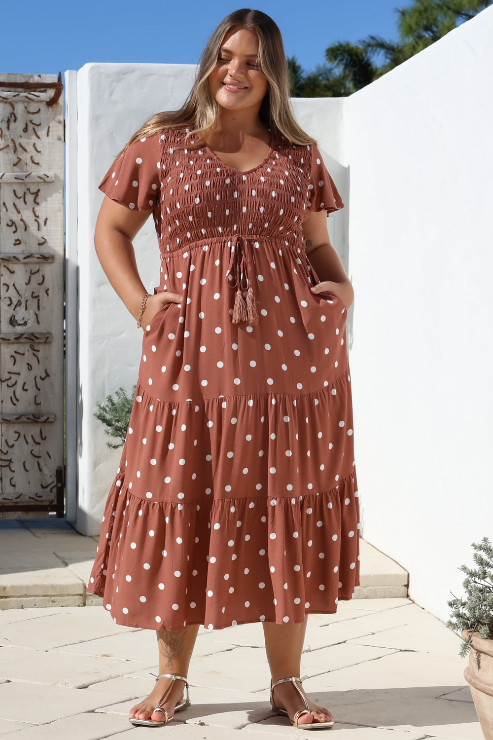 Amaya Midi Dress - Shirred Cap Sleeve A Line Dress in Parisian Polka Rust