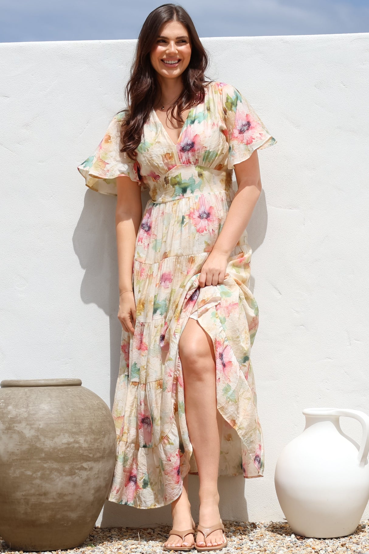 Amelita Maxi Dress - A-Line Tiered Dress with Flutter Sleeves in Daria Print