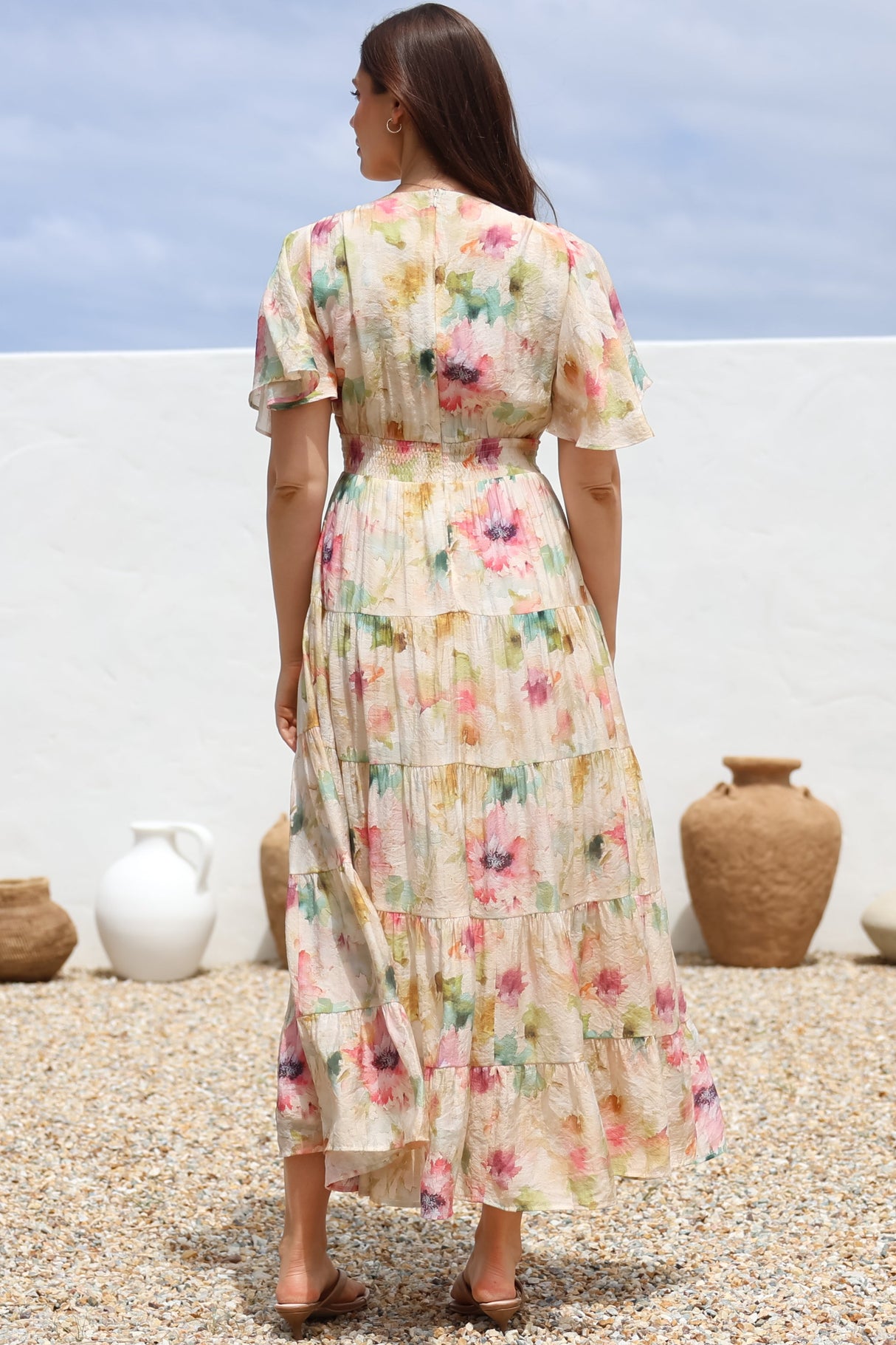 Amelita Maxi Dress - A-Line Tiered Dress with Flutter Sleeves in Daria Print