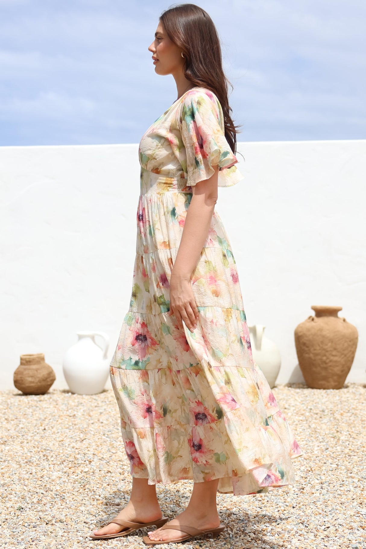 Amelita Maxi Dress - A-Line Tiered Dress with Flutter Sleeves in Daria Print