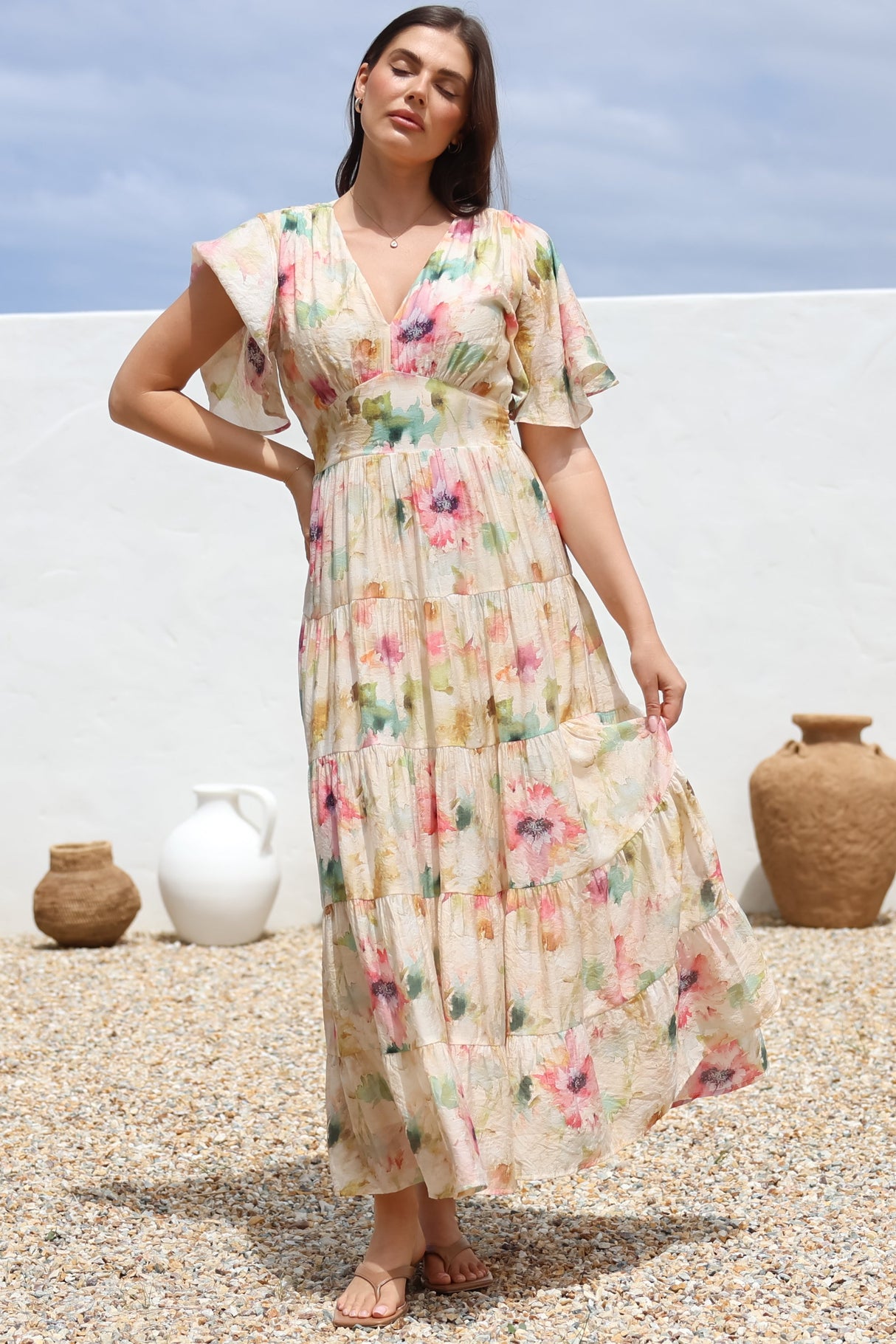 Amelita Maxi Dress - A-Line Tiered Dress with Flutter Sleeves in Daria Print