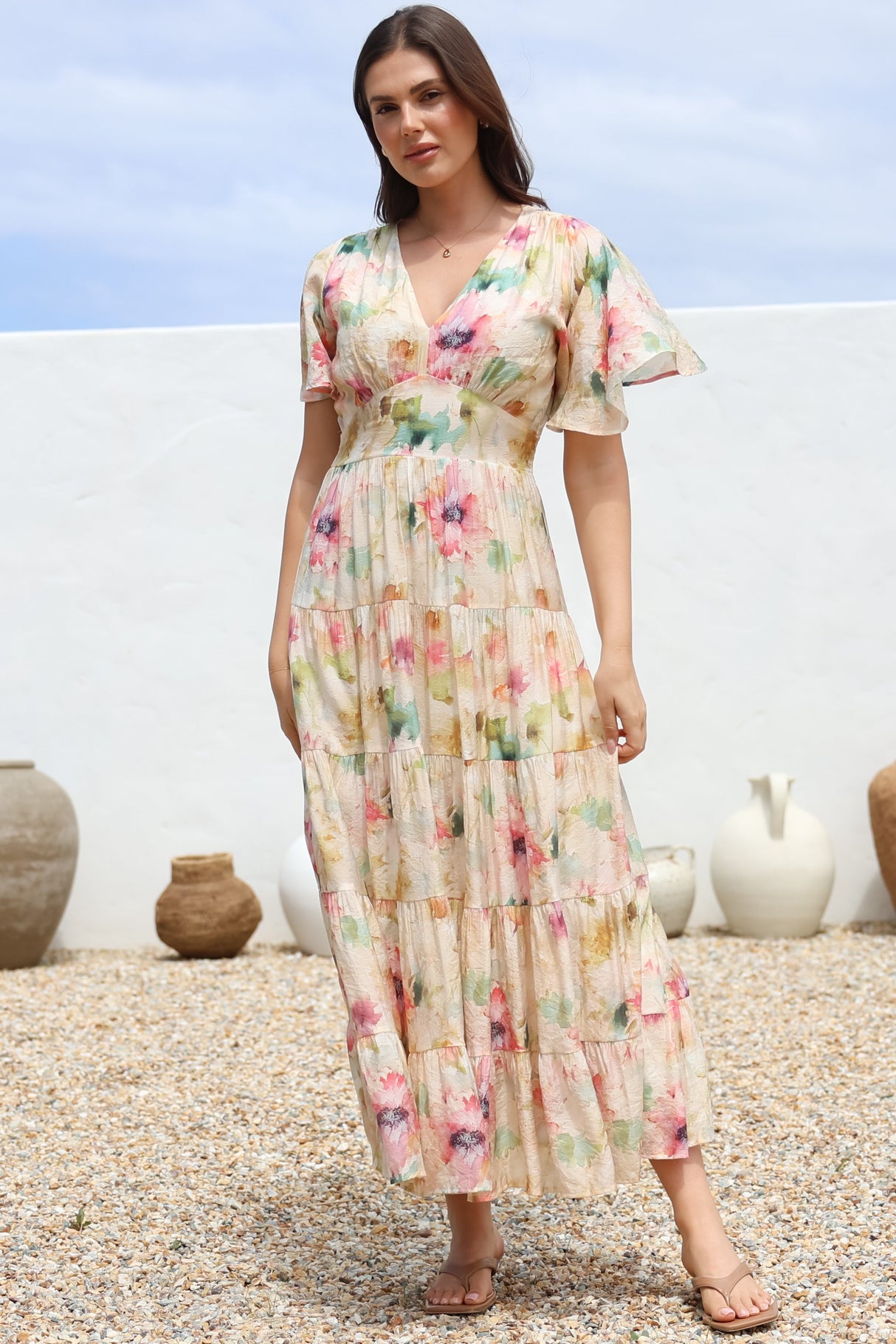 Amelita Maxi Dress - A-Line Tiered Dress with Flutter Sleeves in Daria Print