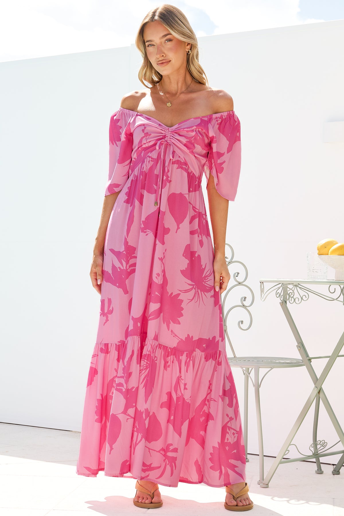Ameya Maxi Dress - Sweetheart Neckline On or Off Shoulder Dress with Flutter Sleeves in Colter Print Pink
