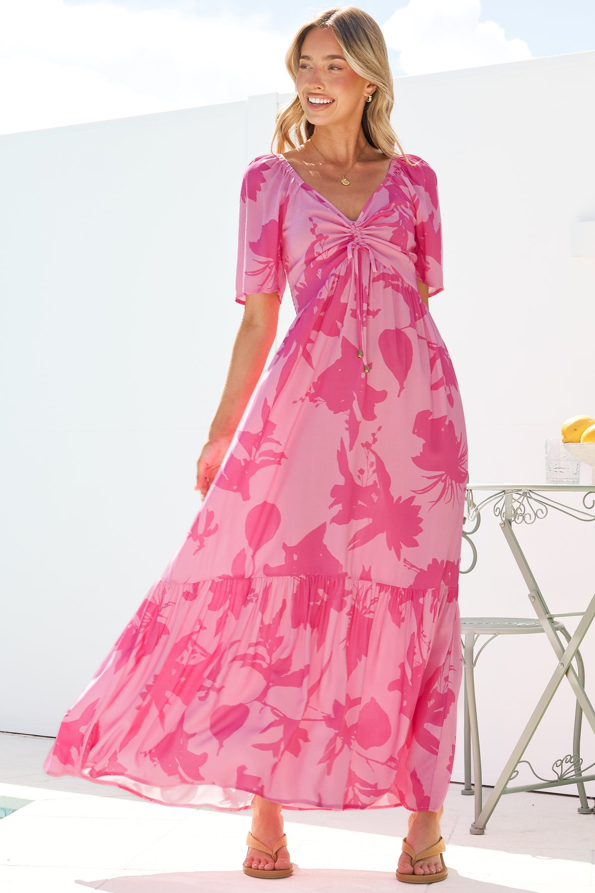 Ameya Maxi Dress - Sweetheart Neckline On or Off Shoulder Dress with Flutter Sleeves in Colter Print Pink