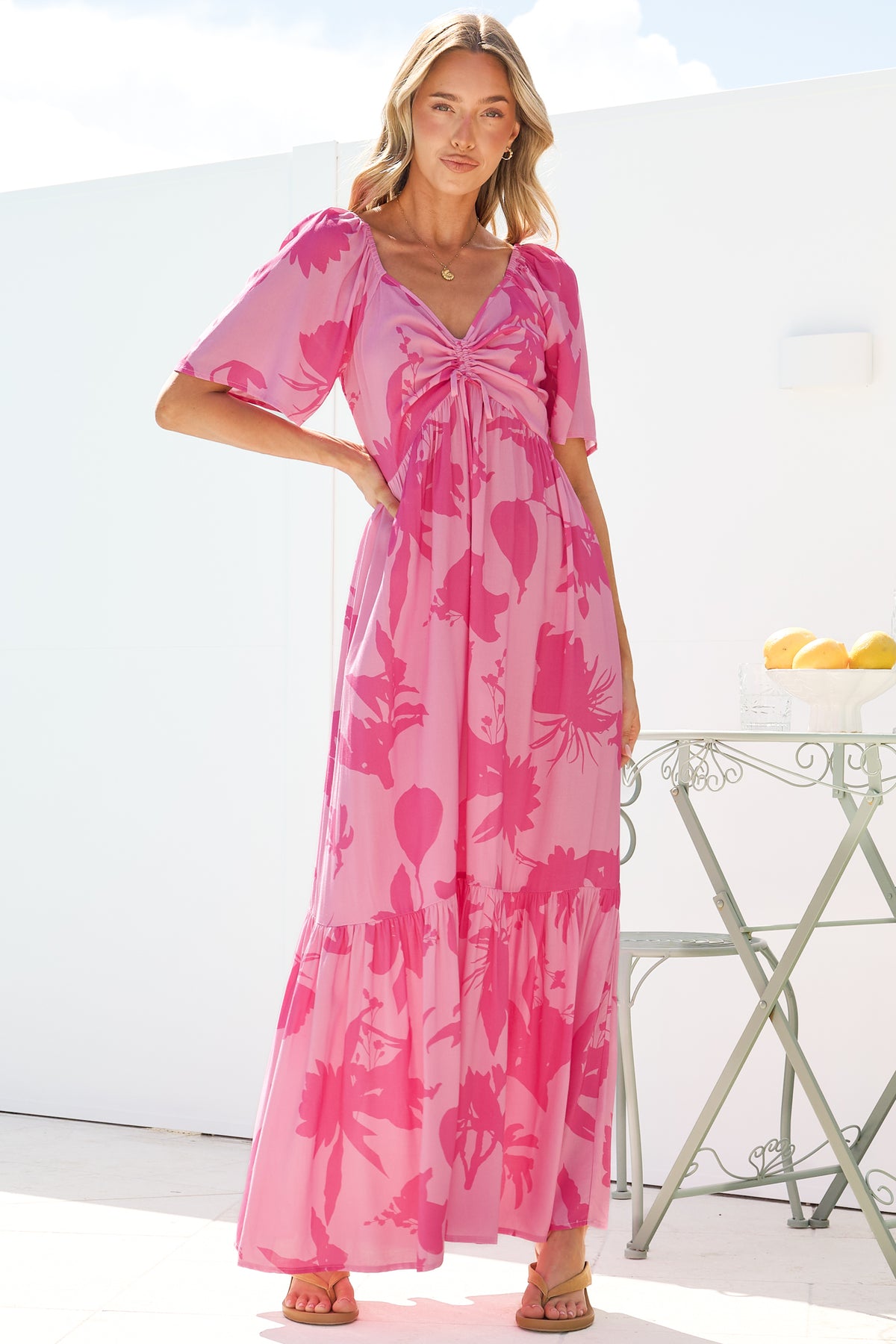 Ameya Maxi Dress - Sweetheart Neckline On or Off Shoulder Dress with Flutter Sleeves in Colter Print Pink