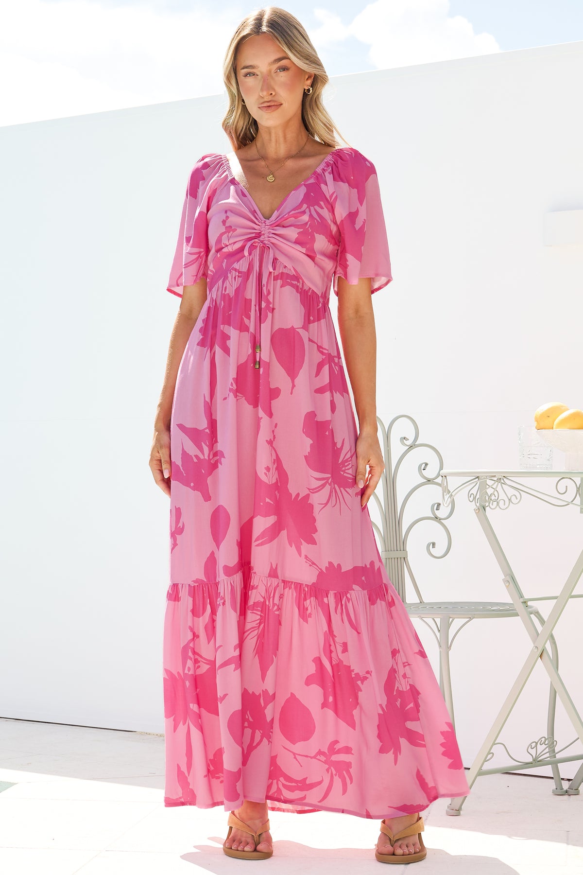 Ameya Maxi Dress - Sweetheart Neckline On or Off Shoulder Dress with Flutter Sleeves in Colter Print Pink