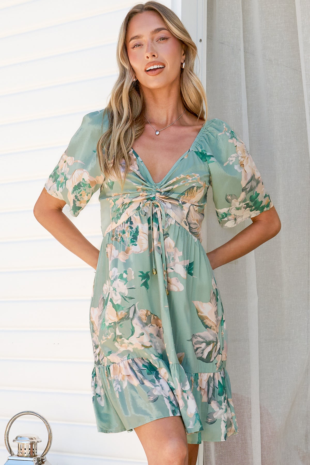 Ameya Mini Dress - Sweetheart Neckline On or Off Shoulder Dress with Tie Bust in Emerson Print