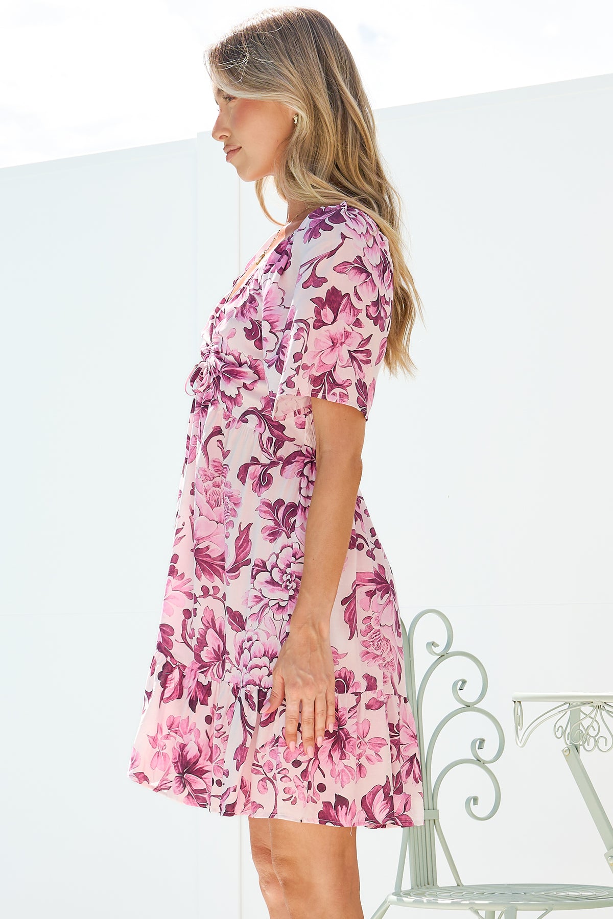 Ameya Mini Dress - Sweetheart Neckline On or Off Shoulder Dress with Tie Bust in Quest Print Pink