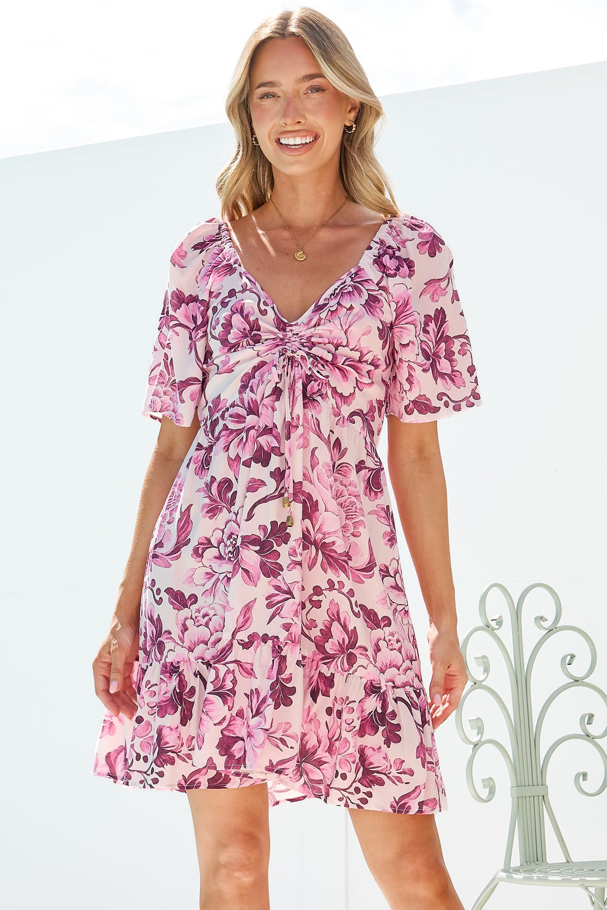 Ameya Mini Dress - Sweetheart Neckline On or Off Shoulder Dress with Tie Bust in Quest Print Pink