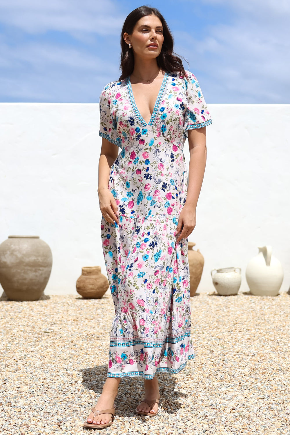Amity Maxi Dress - V-Neck Empire Line Dress with Flutter Sleeves in Gardner Print