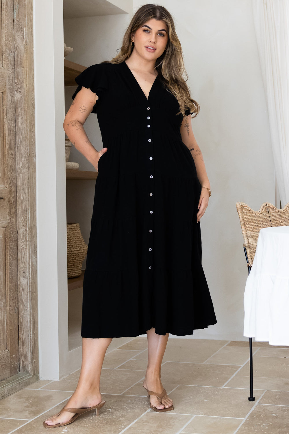 Amy Midi Dress - Flutter Cap Sleeve Buttoned Down V Neck Dress in Black