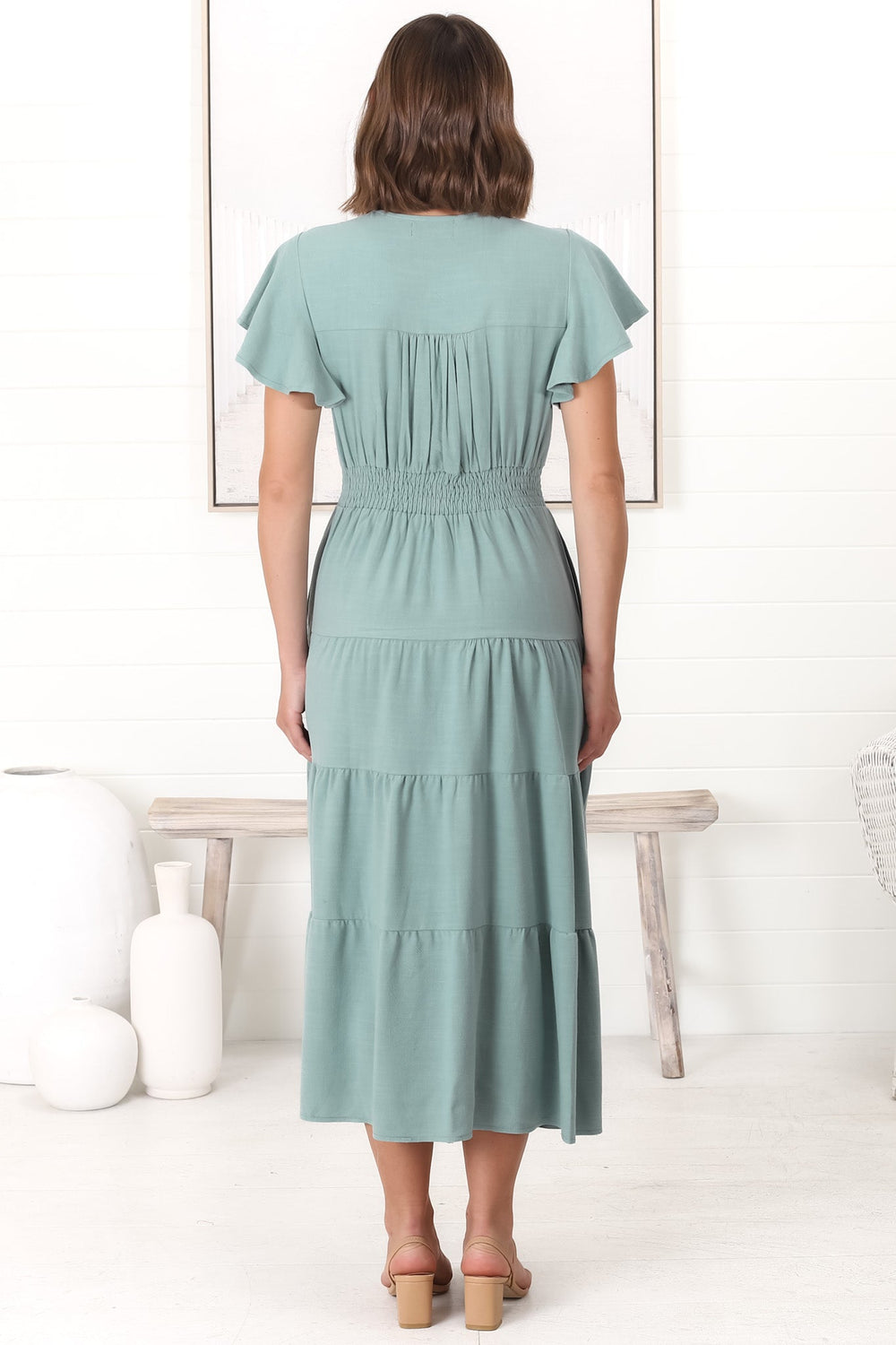 Amy Midi Dress - Flutter Cap Sleeve Buttoned Down V Neck Dress in Sage