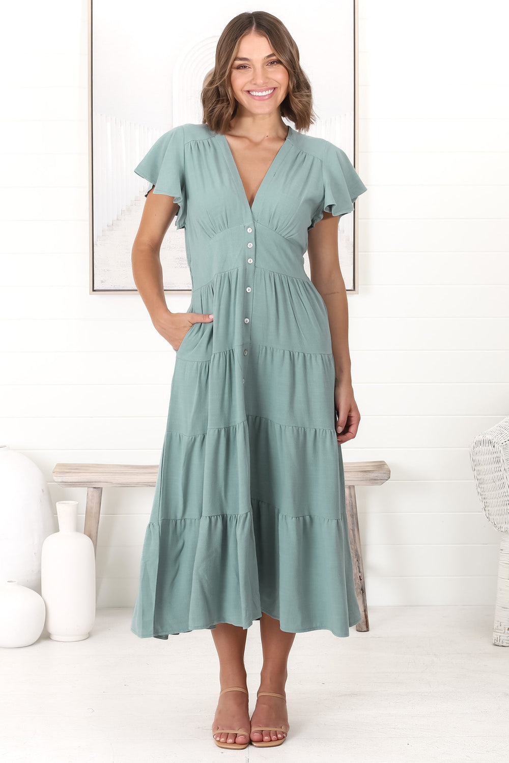 Amy Midi Dress - Flutter Cap Sleeve Buttoned Down V Neck Dress in Sage