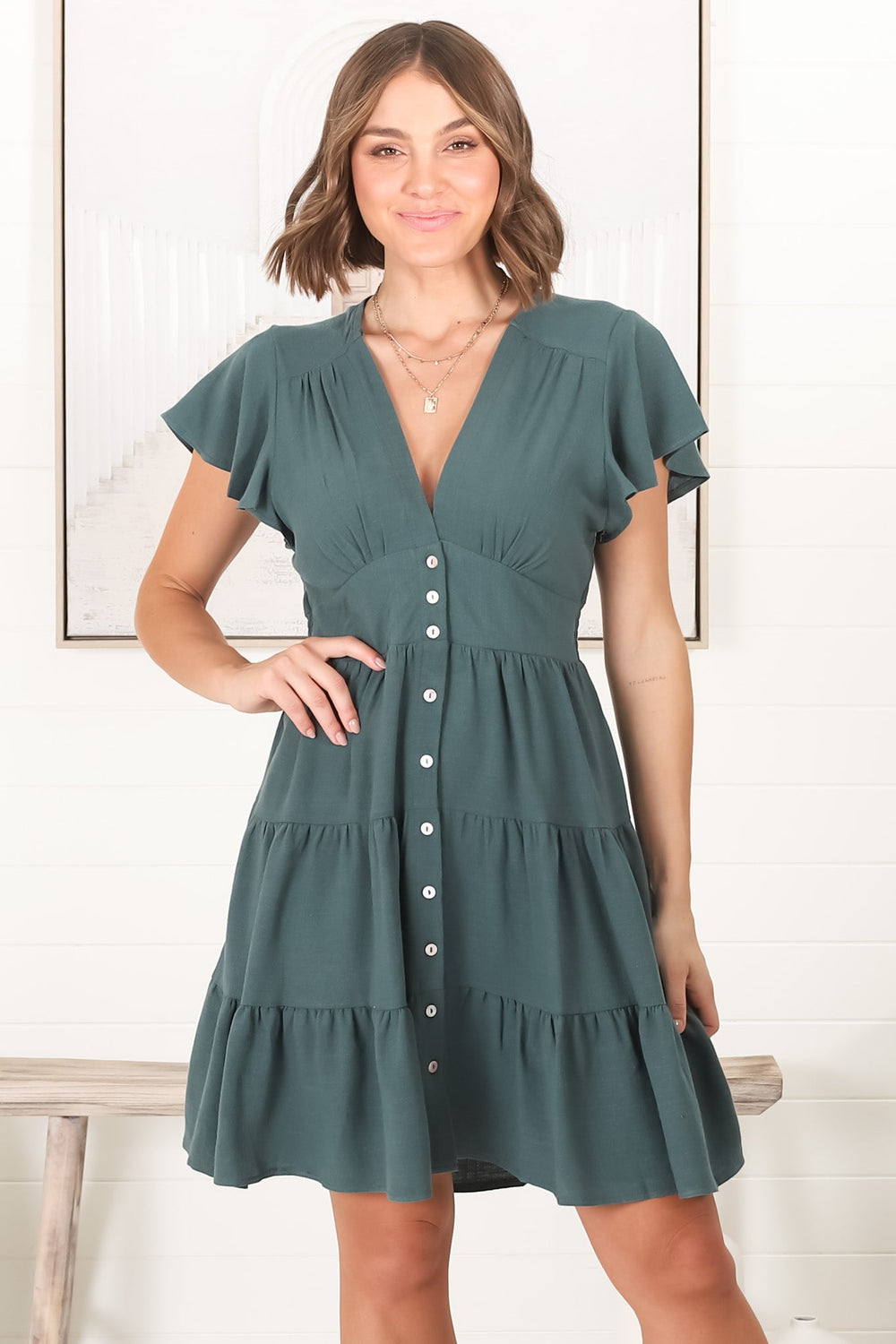 Amy Mini Dress - Frill Cap Sleeve Button Down V Neck Dress in Emerald