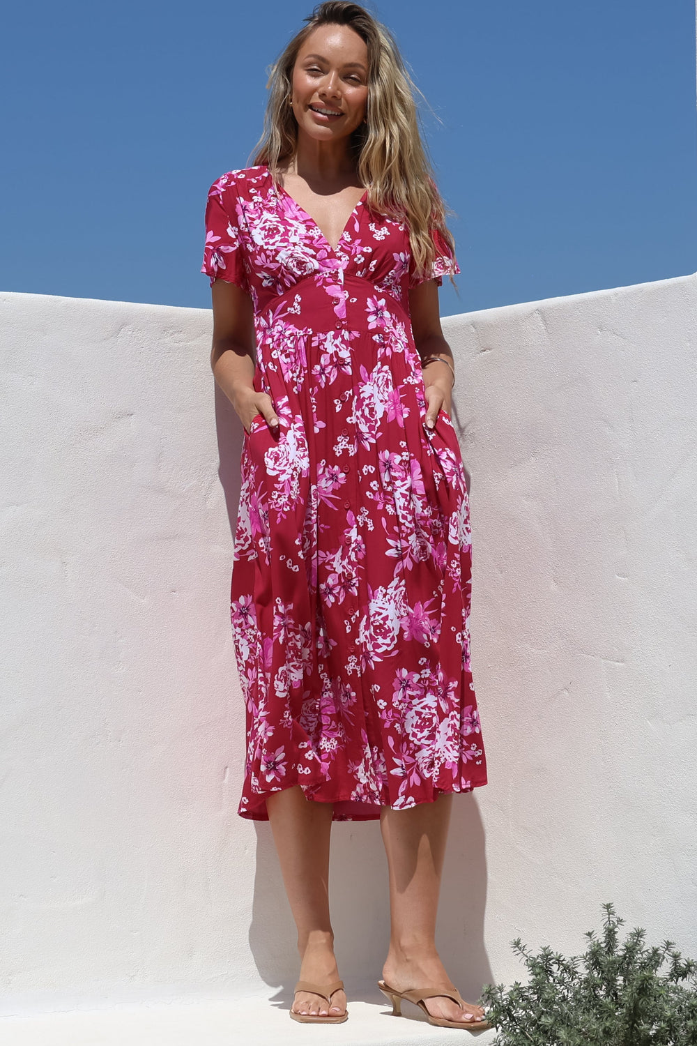 Anais Midi Dress - Cap Flutter Sleeve Button Down A Line Dress in Kimberly Print