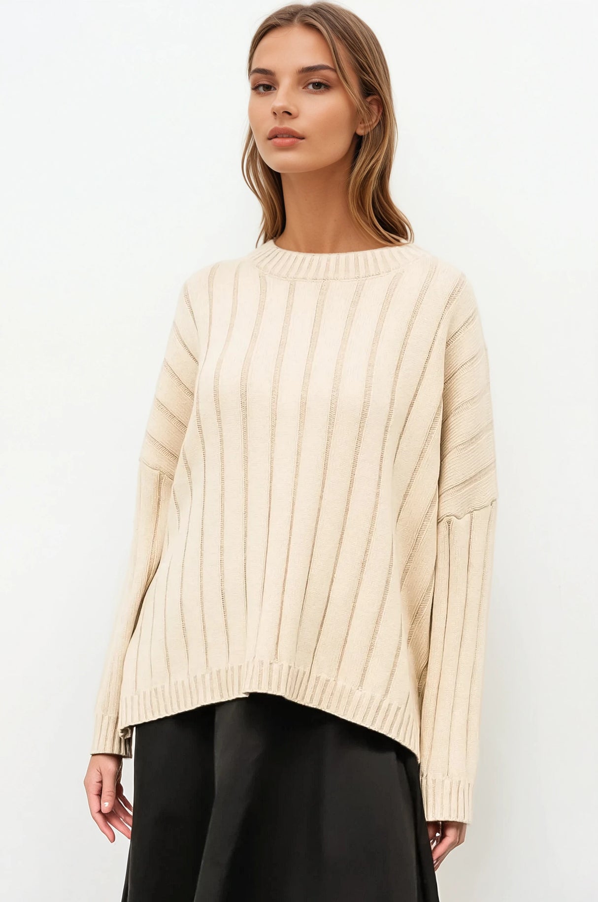 Anders Jumper - Relaxed Ribbed Crew Neck Jumper with Back Split in Cream