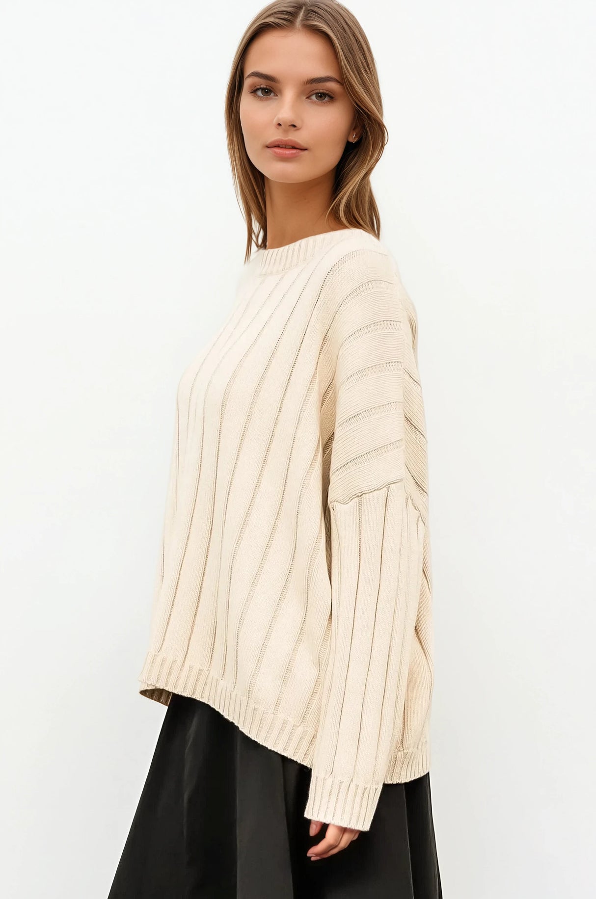 Anders Jumper - Relaxed Ribbed Crew Neck Jumper with Back Split in Cream