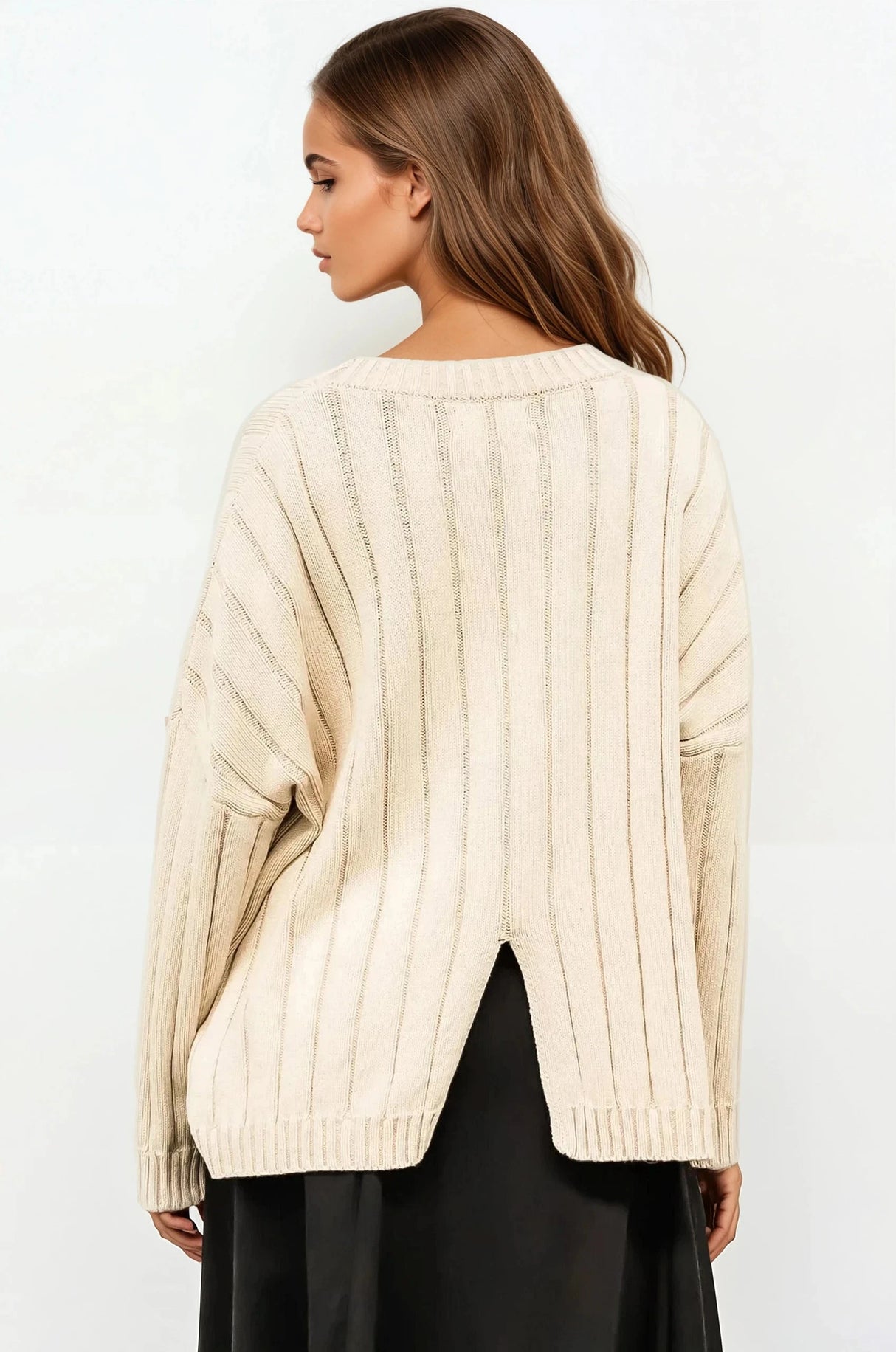 Anders Jumper - Relaxed Ribbed Crew Neck Jumper with Back Split in Cream