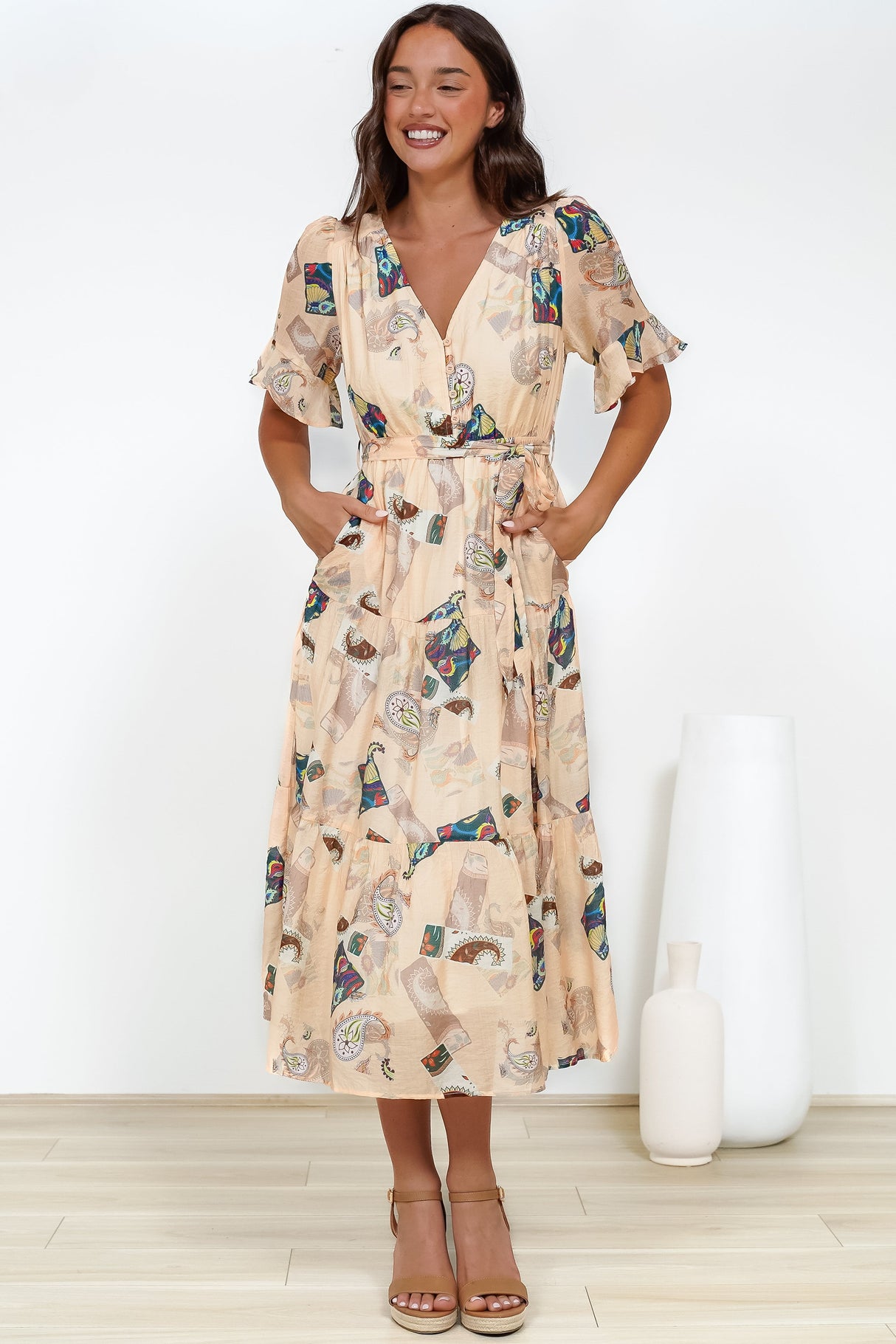 Andie Midi Dress - V-neck Tiered A-Line Dress with Waist Tie in Acapulco Print
