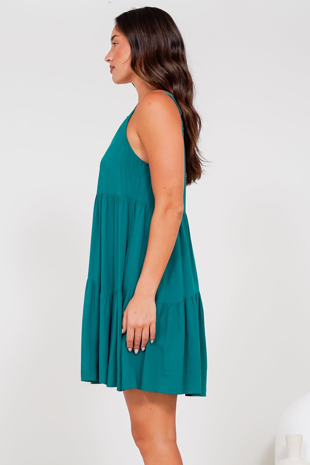 Andra Mini Dress - Thick Adjustable Strap Tiered Sun Dress in Jade