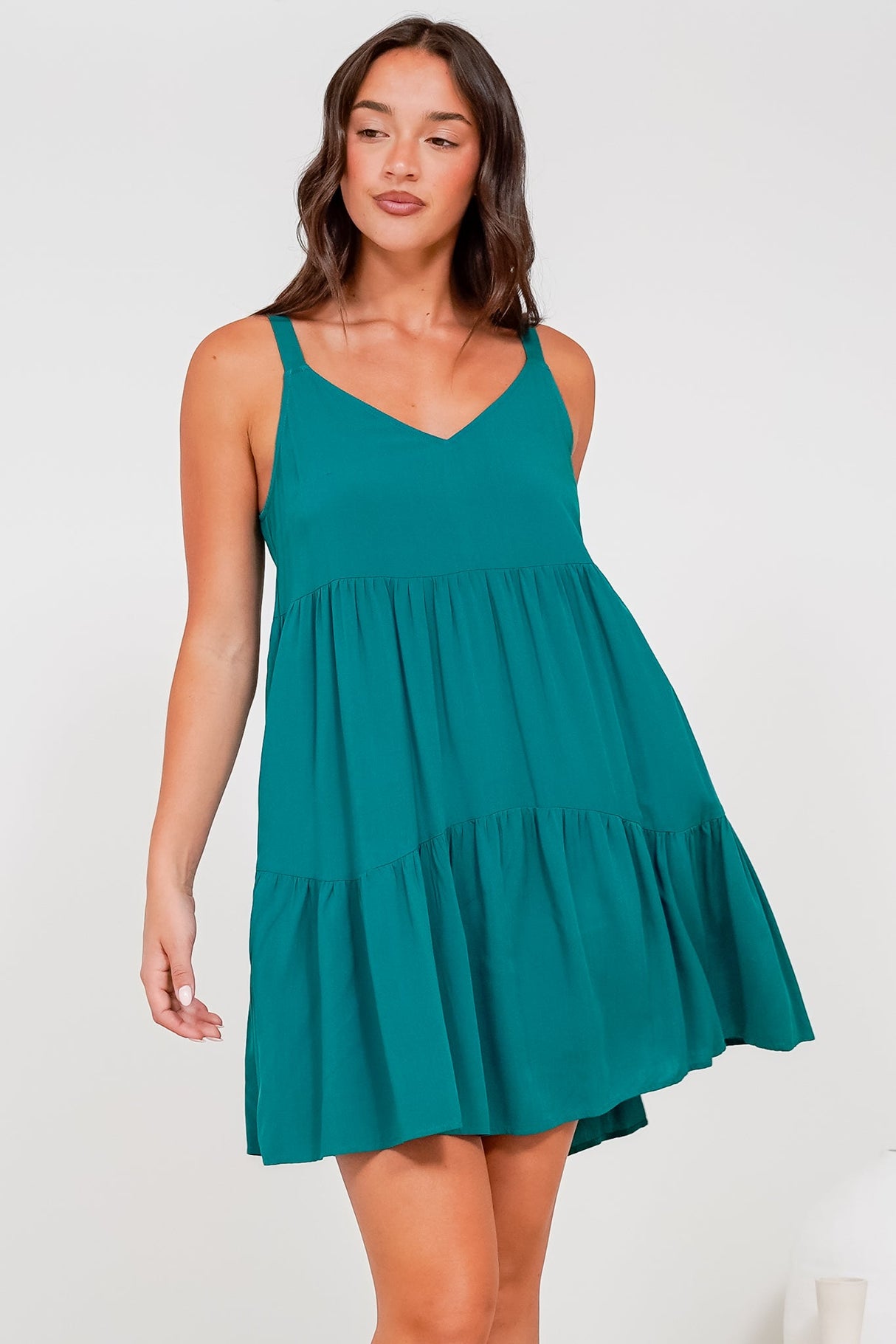 Andra Mini Dress - Thick Adjustable Strap Tiered Sun Dress in Jade