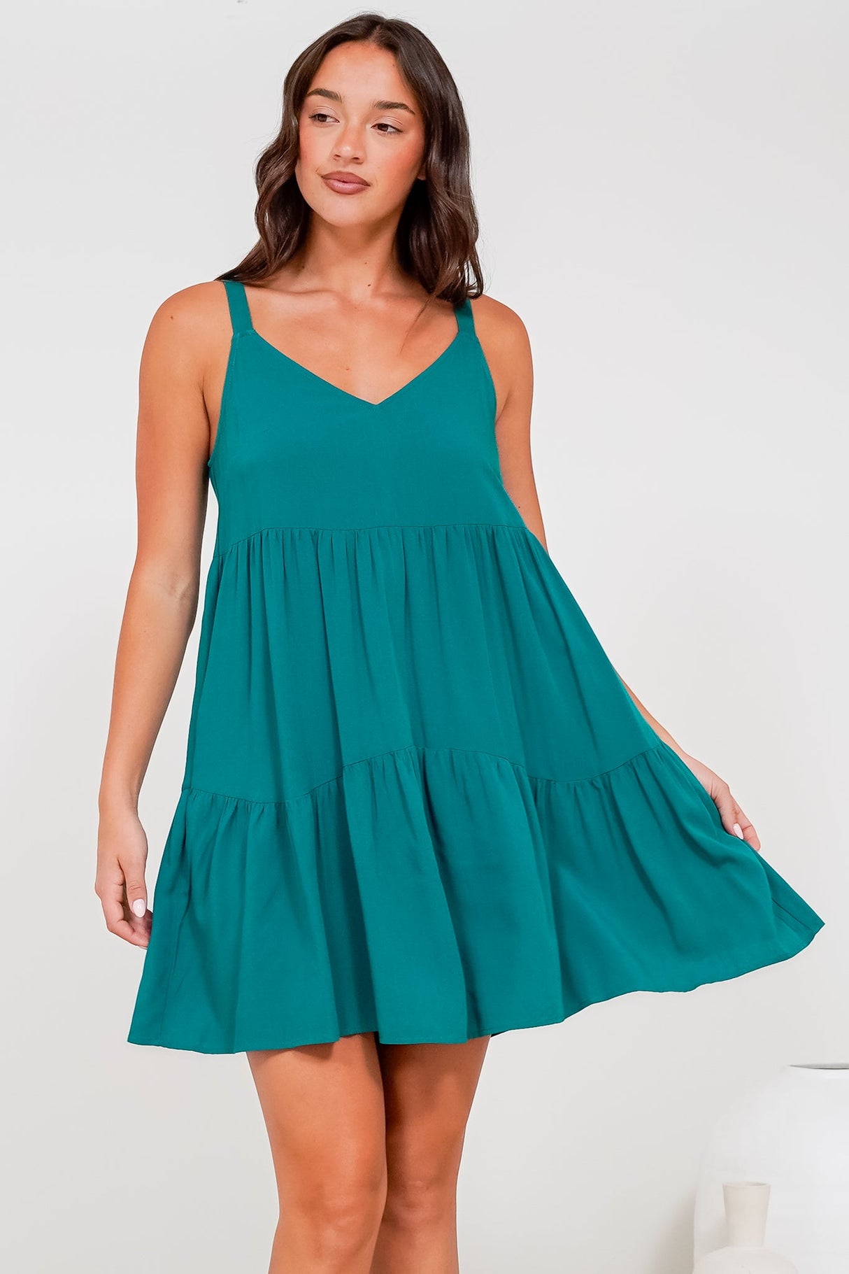 Andra Mini Dress - Thick Adjustable Strap Tiered Sun Dress in Jade