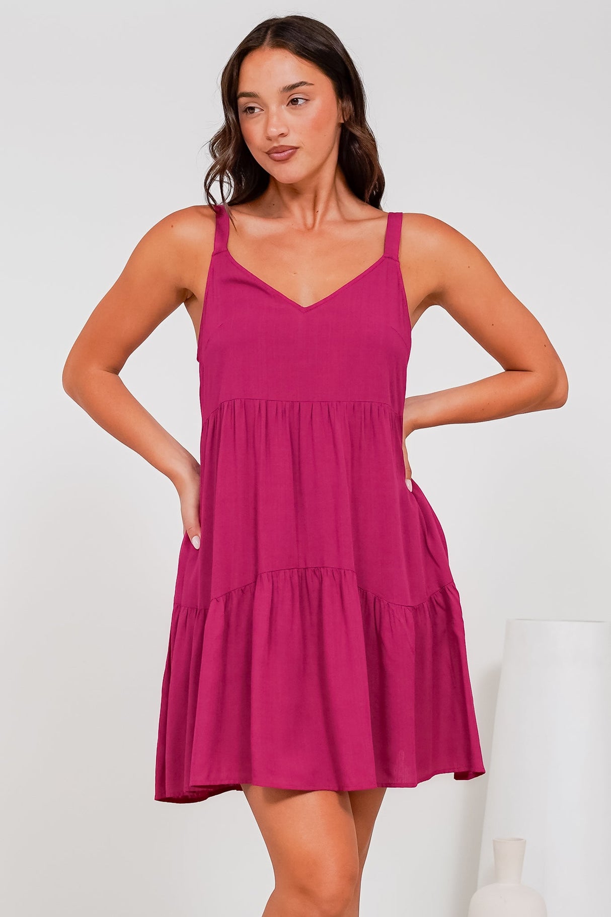 Andra Mini Dress - Thick Adjustable Strap Tiered Sun Dress in Magenta