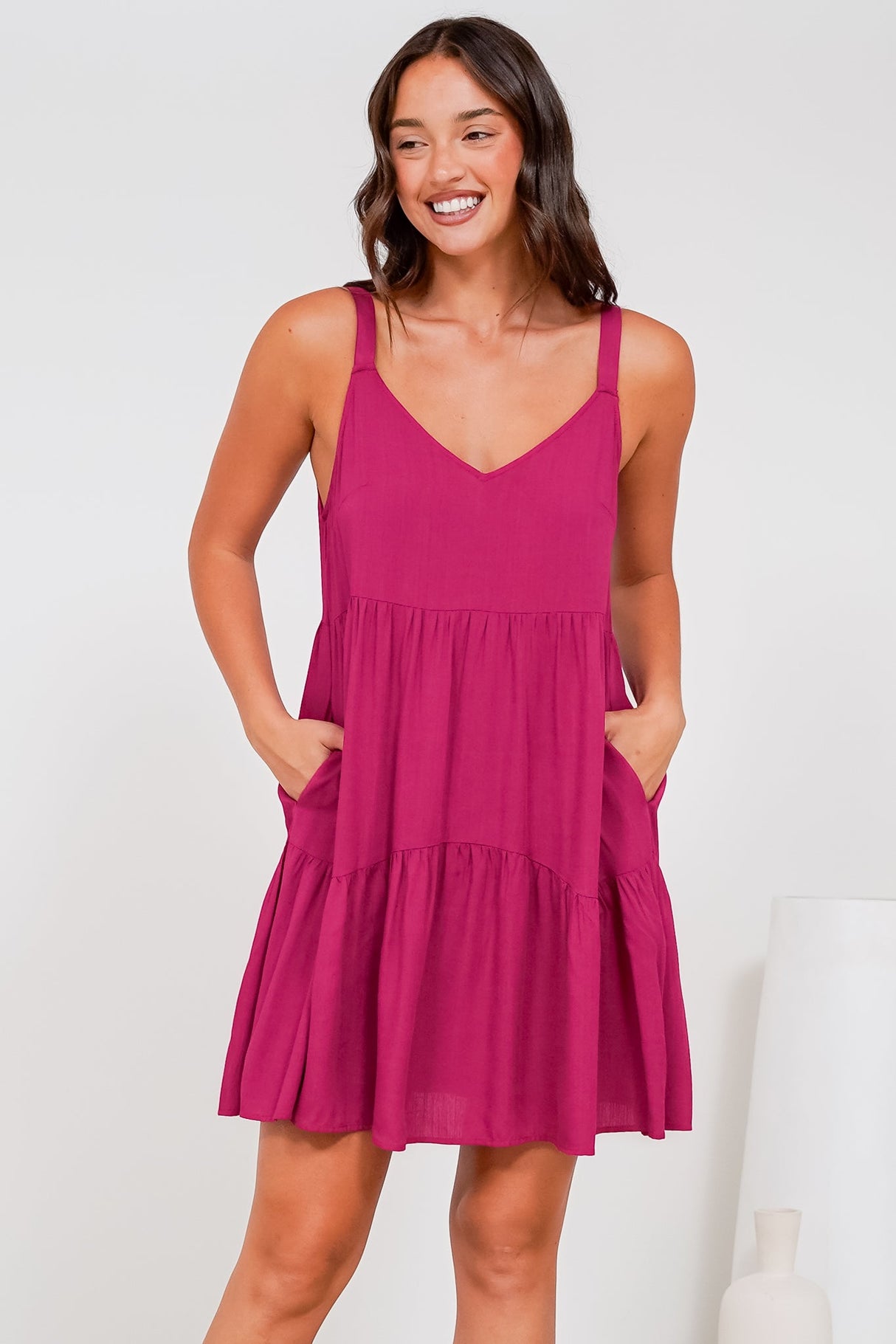 Andra Mini Dress - Thick Adjustable Strap Tiered Sun Dress in Magenta