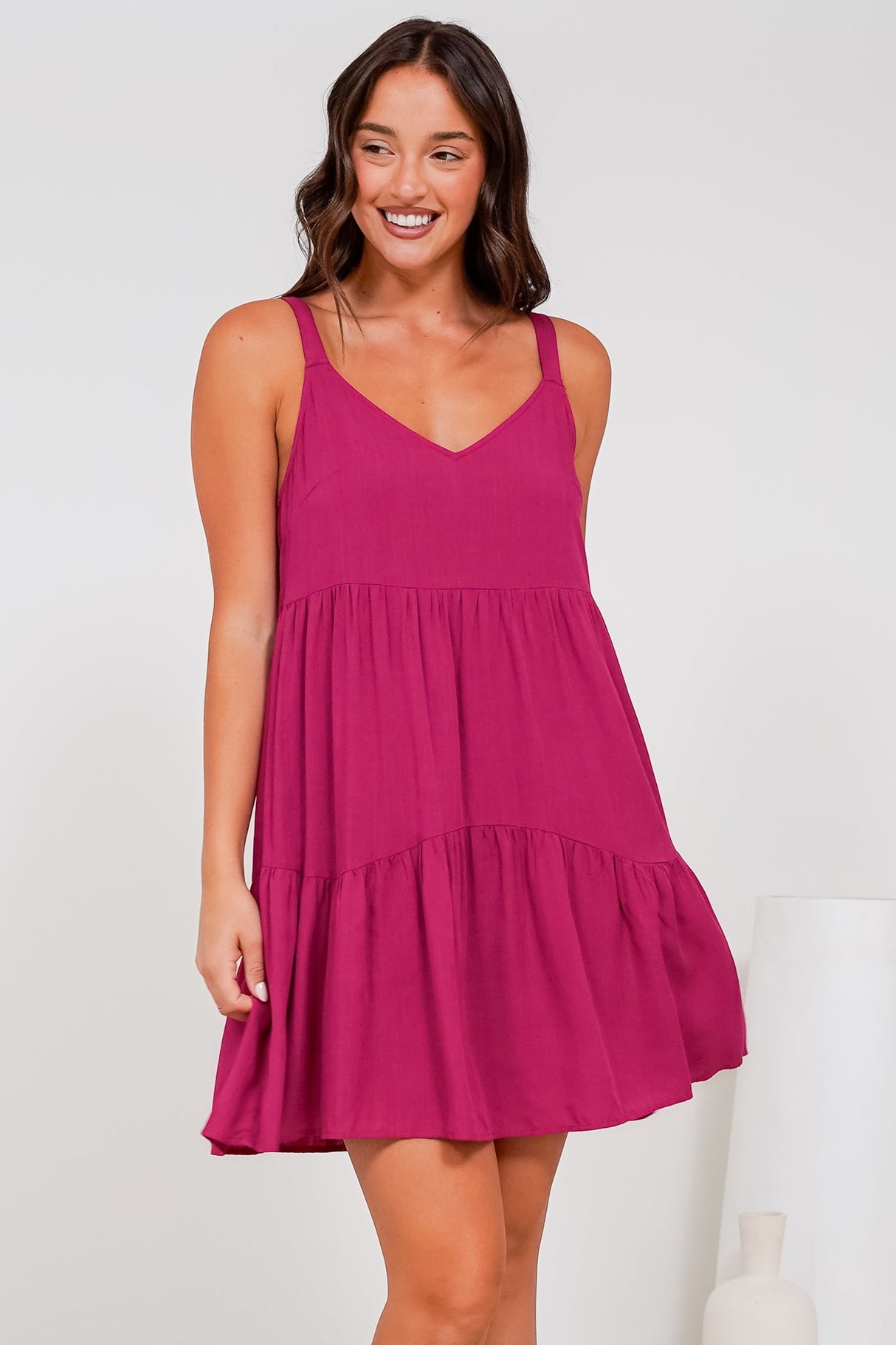 Andra Mini Dress - Thick Adjustable Strap Tiered Sun Dress in Magenta