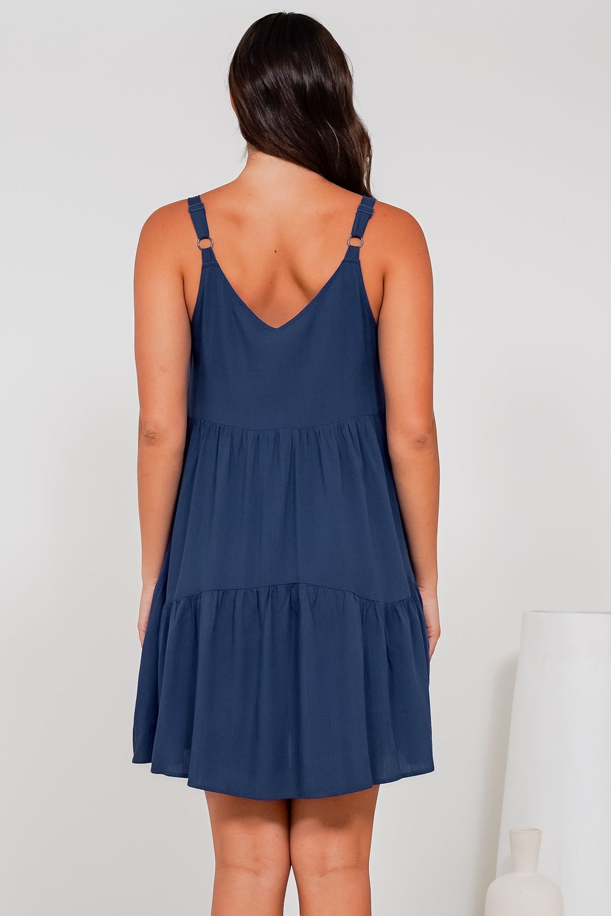 Andra Mini Dress - Thick Adjustable Strap Tiered Sun Dress in Navy