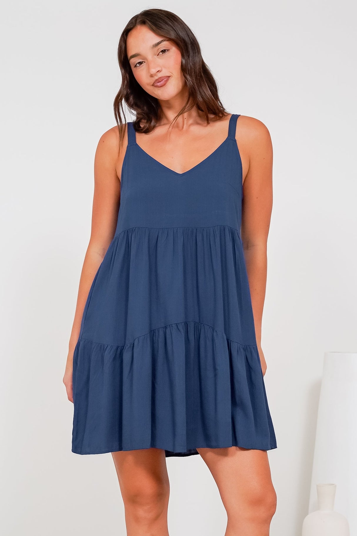 Andra Mini Dress - Thick Adjustable Strap Tiered Sun Dress in Navy