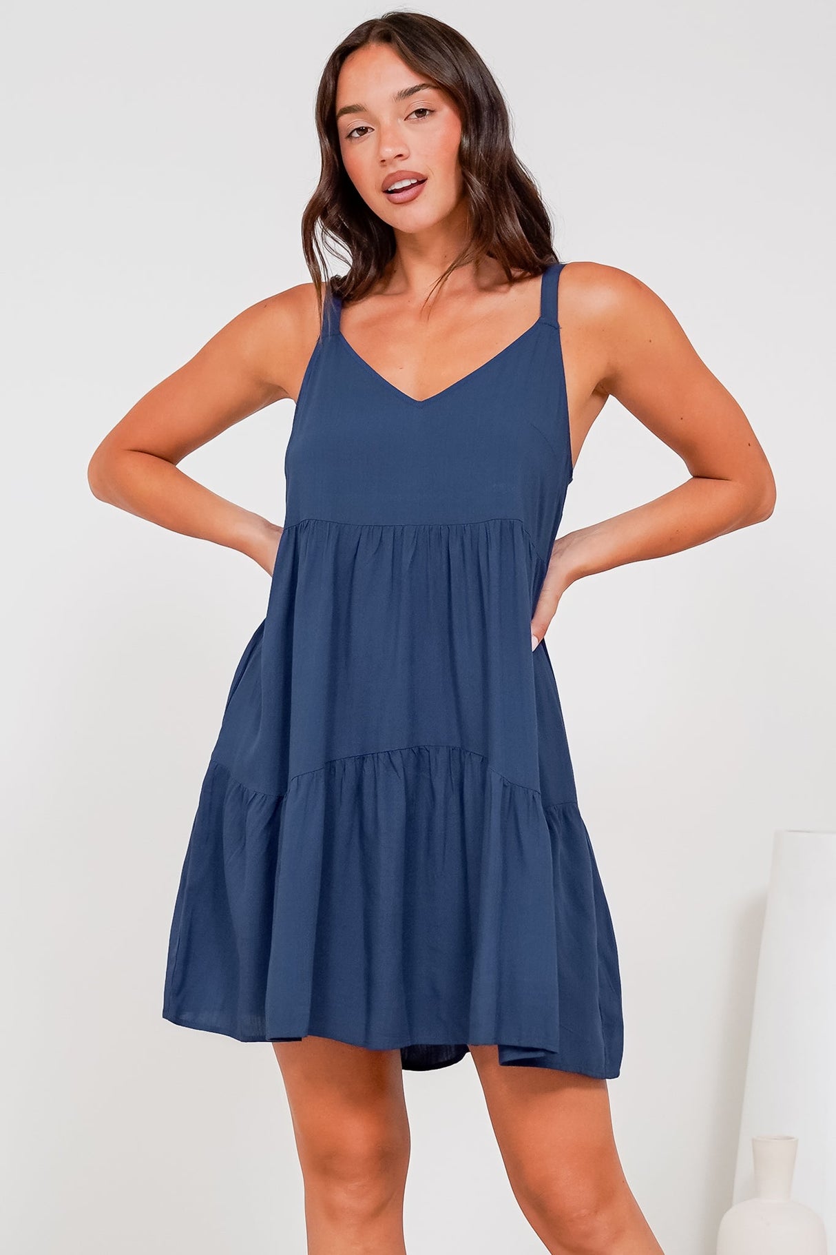 Andra Mini Dress - Thick Adjustable Strap Tiered Sun Dress in Navy
