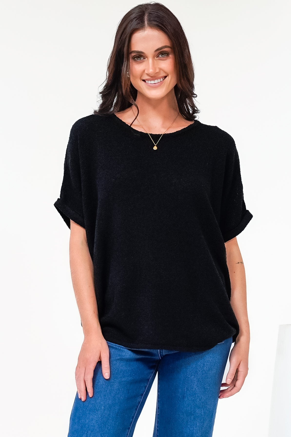 Andre Top - Crew Neck Slouchy Knit Top with Cuffed Short Sleeves in Black