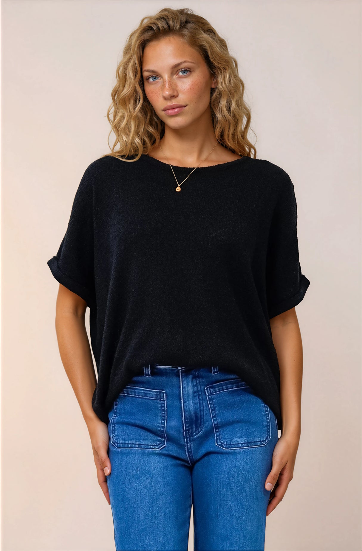 Andre Top - Crew Neck Slouchy Knit Top with Cuffed Short Sleeves in Black
