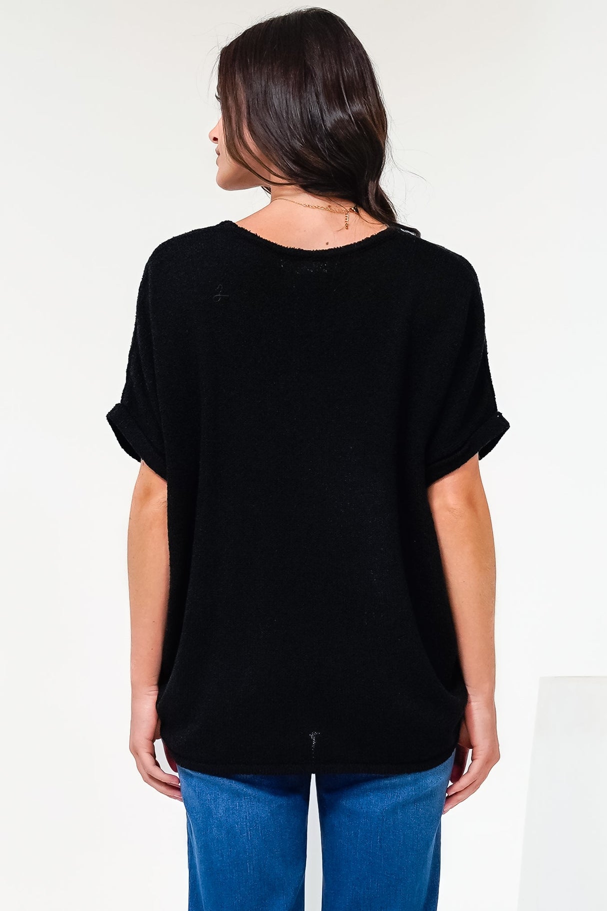 Andre Top - Crew Neck Slouchy Knit Top with Cuffed Short Sleeves in Black