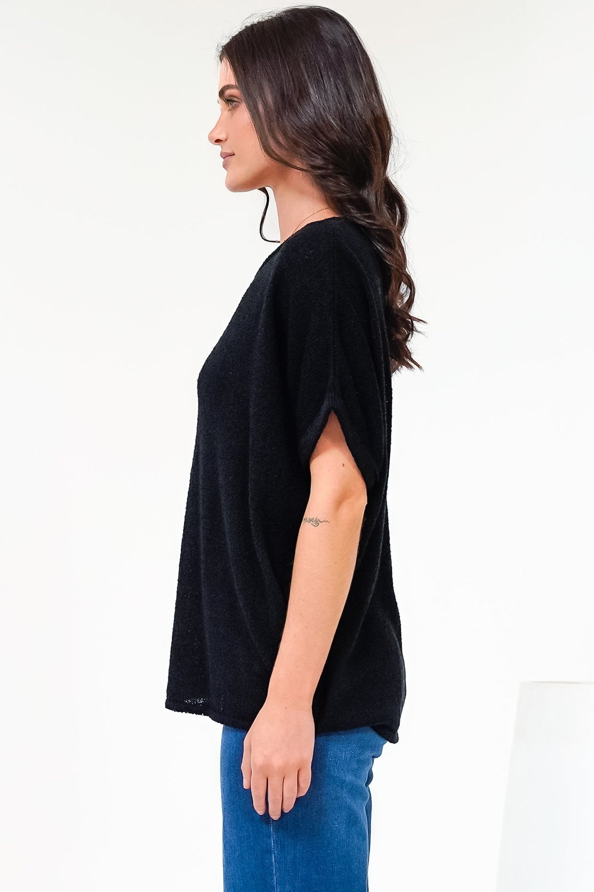 Andre Top - Crew Neck Slouchy Knit Top with Cuffed Short Sleeves in Black