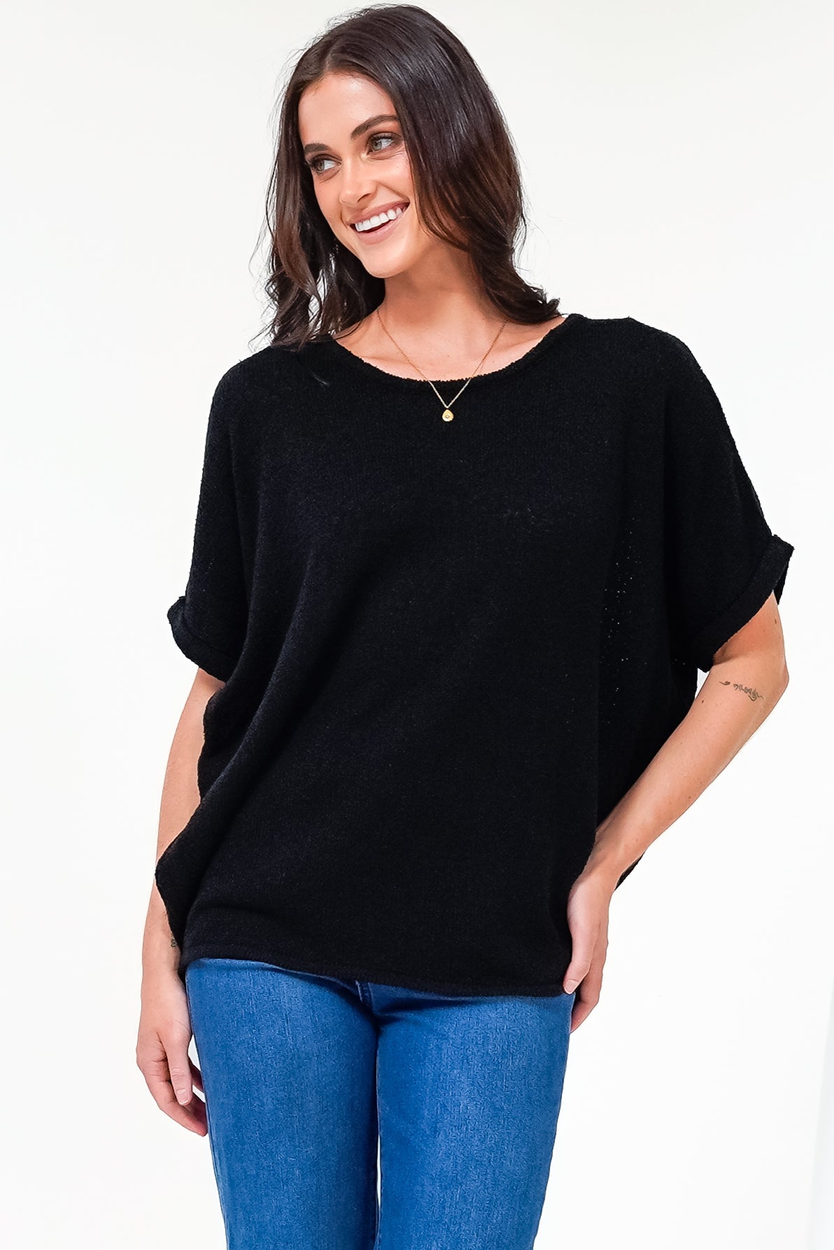 Andre Top - Crew Neck Slouchy Knit Top with Cuffed Short Sleeves in Black