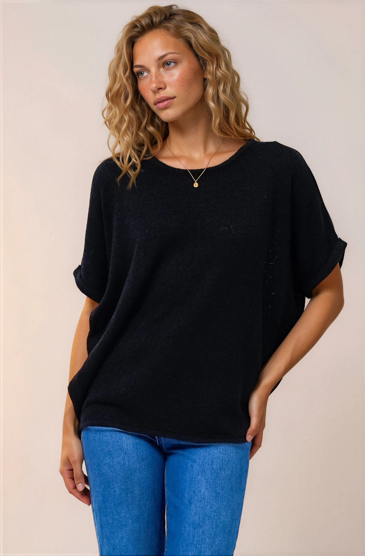 Andre Top - Crew Neck Slouchy Knit Top with Cuffed Short Sleeves in Black