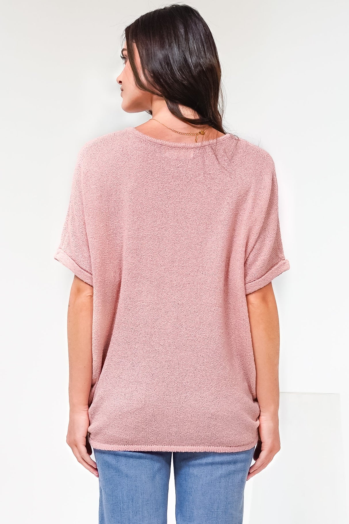 Andre Top - Crew Neck Slouchy Knit Top with Cuffed Short Sleeves in Pink