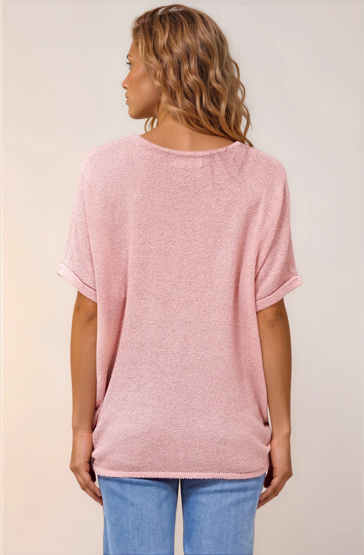 Andre Top - Crew Neck Slouchy Knit Top with Cuffed Short Sleeves in Pink