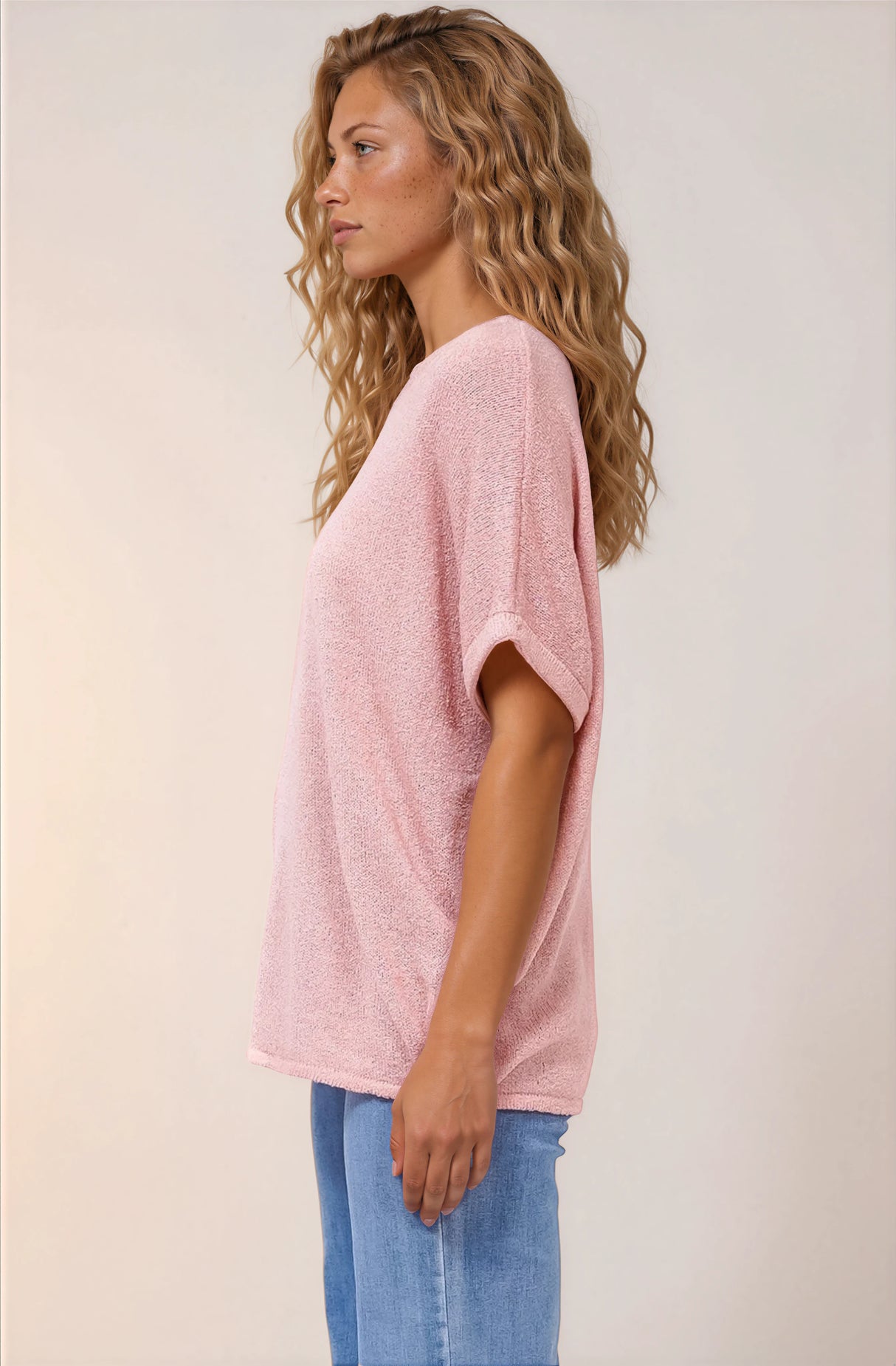 Andre Top - Crew Neck Slouchy Knit Top with Cuffed Short Sleeves in Pink