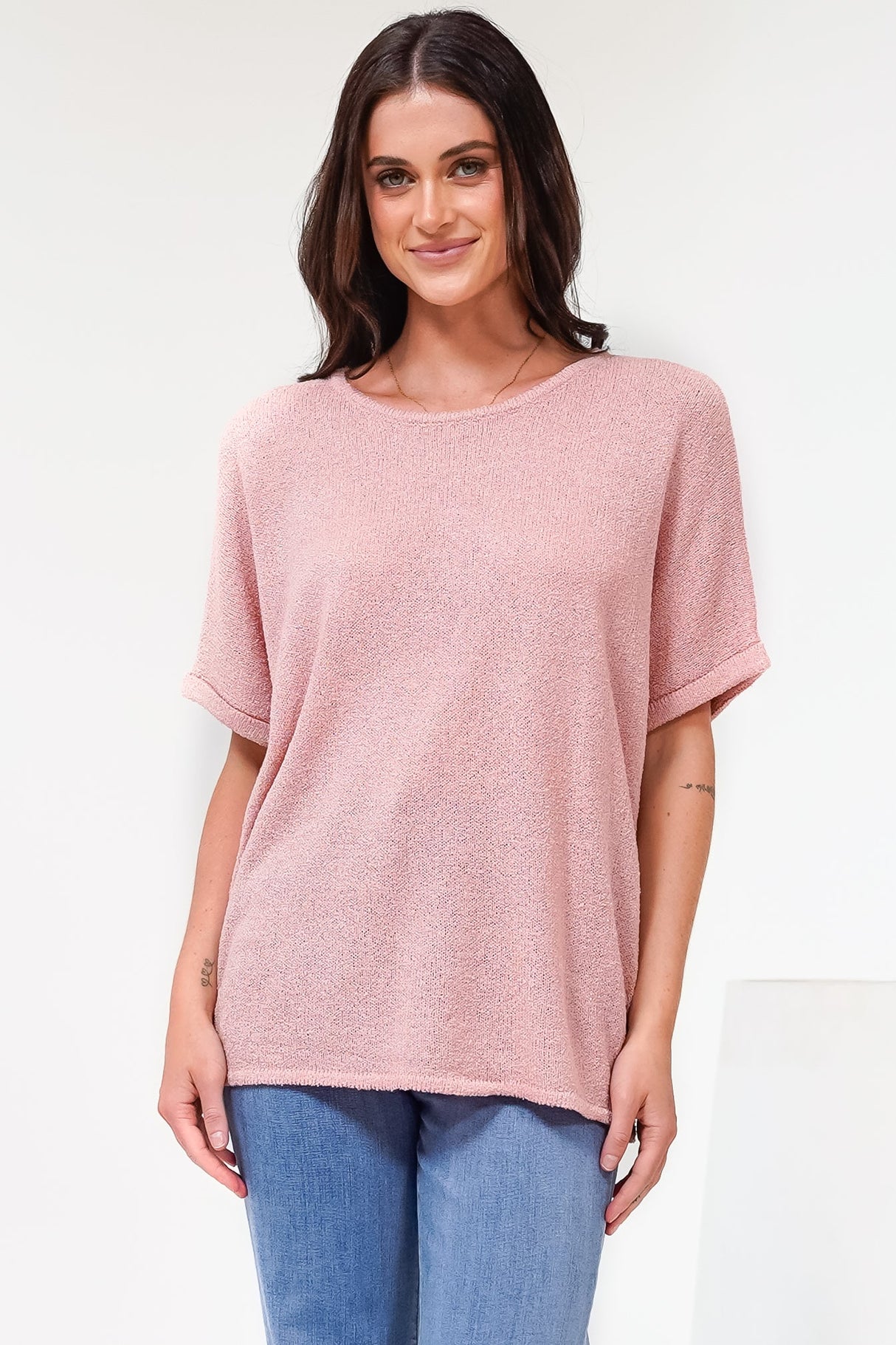 Andre Top - Crew Neck Slouchy Knit Top with Cuffed Short Sleeves in Pink
